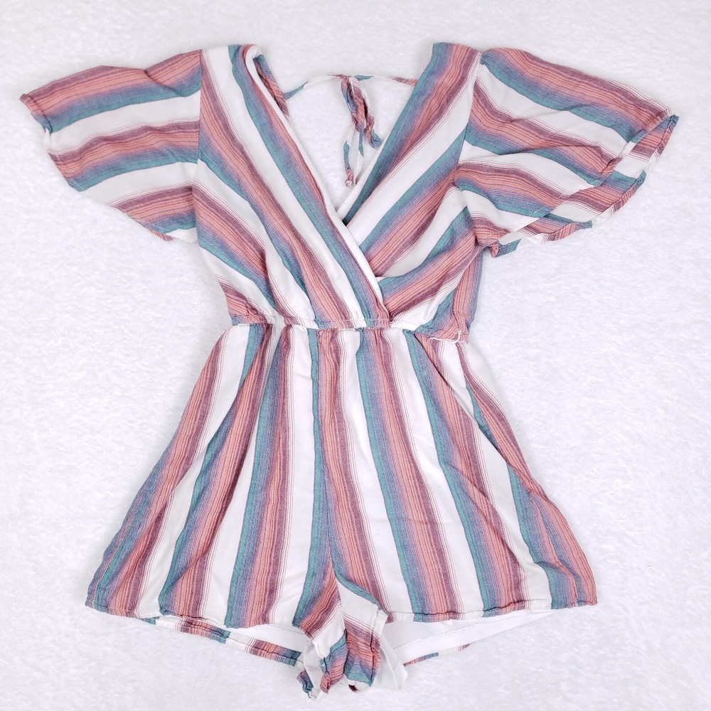 Trixxi‎ Romper Striped Flutter Sleeve Boho Tie Back Small Multicolor Farmhouse